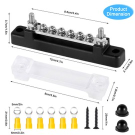 48V Bus Bar Power Distribution Blocks, 150A Marine Terminal Studs Blocks, Marine Battery Bus Bar, 6 x #8 Screw Terminal Positive & Negative Battery for Automotive Car Boat (Black)