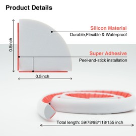 Silicone Flexible Quarter Round Molding, Self Adhesive Peel and Stick Waterproof Rubber Baseboard Trim, Bendable Trim for Floors, Cabinet Edges,Corner Caulk Strip (155Inch, White)