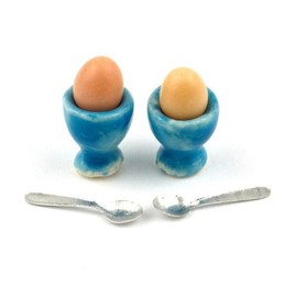 MyTinyWorld 2 Dolls House Miniature Eggs in Blue Ceramic Egg Cups With Spoons