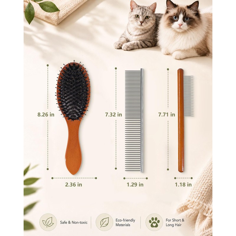 Angootao 3Pcs Natural Boar Bristle Dog Grooming Brush Set