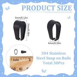 SUNNYCLUE 1 Box 30Pcs Stainless Steel Pinch Bails Black Pendant Bail Clasp Snap on Bails Ice Pick Pinch Bails Open Dangle Clip Bail Slider Pendant Clasp Bail Connectors for Jewelry Making Findings