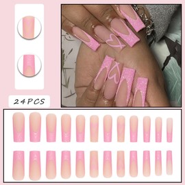 Heart Press on Nails Long Square Fake Nails with Nail Glitter Valentine's Day Stick on Nails Glossy Acrylic French Tip False Nails Reusable Artificial Acrylic Glue on Nails for Women Girls Decoration