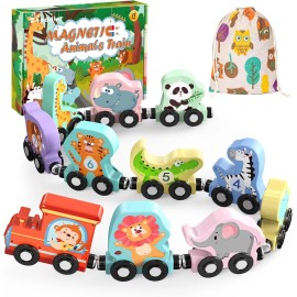 Zeoddler Toys for Toddlers, 11 Magnetic Wooden Animals Train Set, Montessori for...