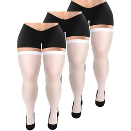 Geyoga 3 Pairs Plus Size Thigh High Stockings Semi Sheer Thigh High Socks Nylon over The Knee Tights Pantyhose for Women Girls (White)