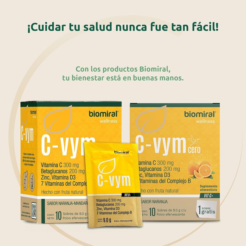 Vitamina C Efervescente Biomiral C‑Vym – 11 sobres sin azúcar