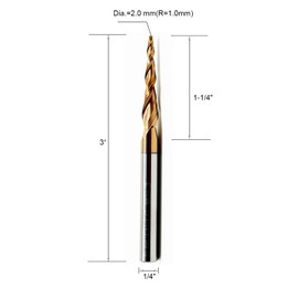 Hwaynct Tapered Ball Nose End Mill - 1/4" Shank, 3" Overall Length, 2.0mm Tip Diameter (R1.0 Radius), 3.92° Per Side Angle - CNC Engraving & Carving Bit, ALTIN Coated