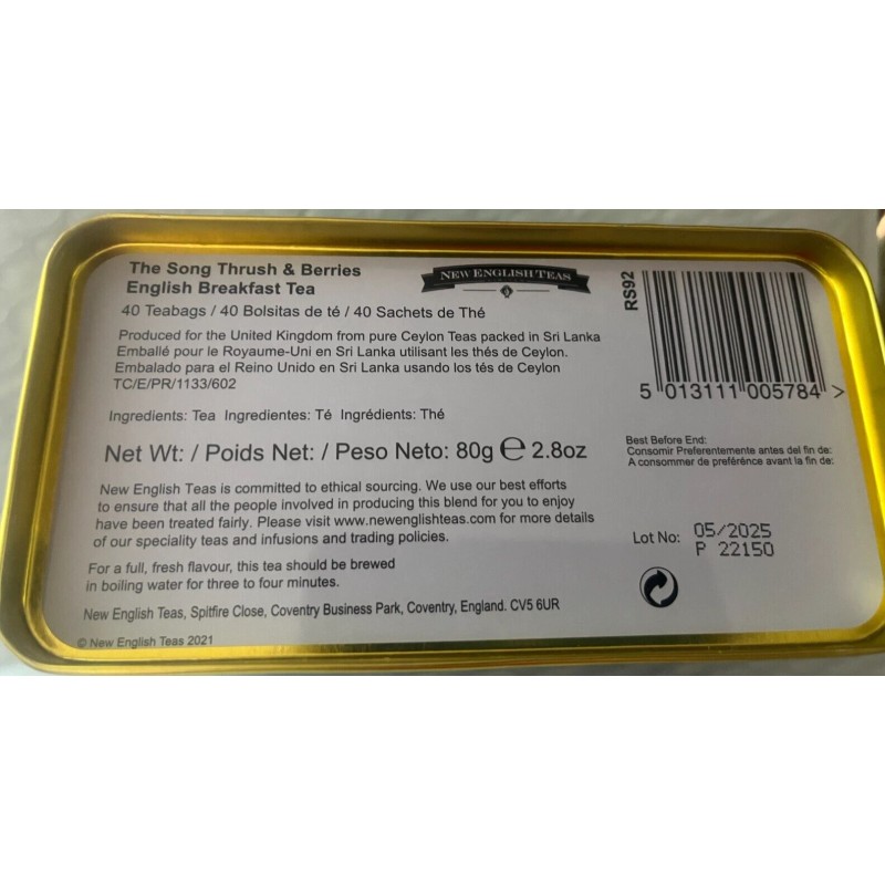 NEW ENGLISH TEAS THE SONG THRUSH &BERRIES 40 TEABAGS TIN