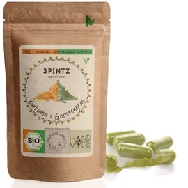 SPINTZ Organic Turmeric Barley Grass Capsules - High Dose Tablets with 2400 mg Turmeric & 1200 mg Barley Grass Powder Daily Dose - Organic Cultivation - Vegan | Plastic-Free Packaging