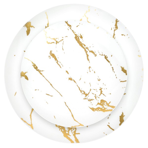PLASTICPRO 64 Piece Combo Plate Set includes 32-7'' inch Plates & 32-10'' inch Dinner Plates White Plastic With Gold Stroke Design Party Plates, Premium heavyweight Elegant, Tableware,