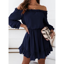 Dokotoo Women's Long Sleeve Elegant High Waist Plain Off Shoulder A-line Mini Dress Party Dress Casual Dress Dating Dress Summer Dresses Ruffle Dress S-XL, A Blue