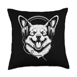 Corgi With Headphones DJ Music Dog Lover Throw Pillow