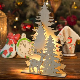 VEYLIN Light Up Christmas Wooden Decorations Reindeer Forest Scene Ornament Table Winter Holiday Supplies