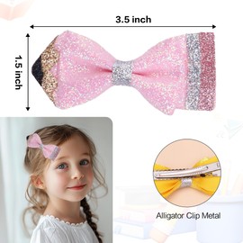 Back To School Hair Bows, Glitter Pencil Hair Clips, Non Slip Alligator Clips Sparkly First Day of School Bows Hair Accessories for Girls, Pink
