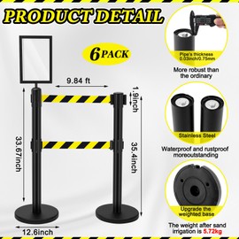 Therwen 6 Pcs Crowd Control Stanchions Set Stainless Steel Barrier Post with Dual Retractable Belt 9.8 Ft and 1 Sign Holder Safety Barrier Stand Line Dividers (Yellow Black)