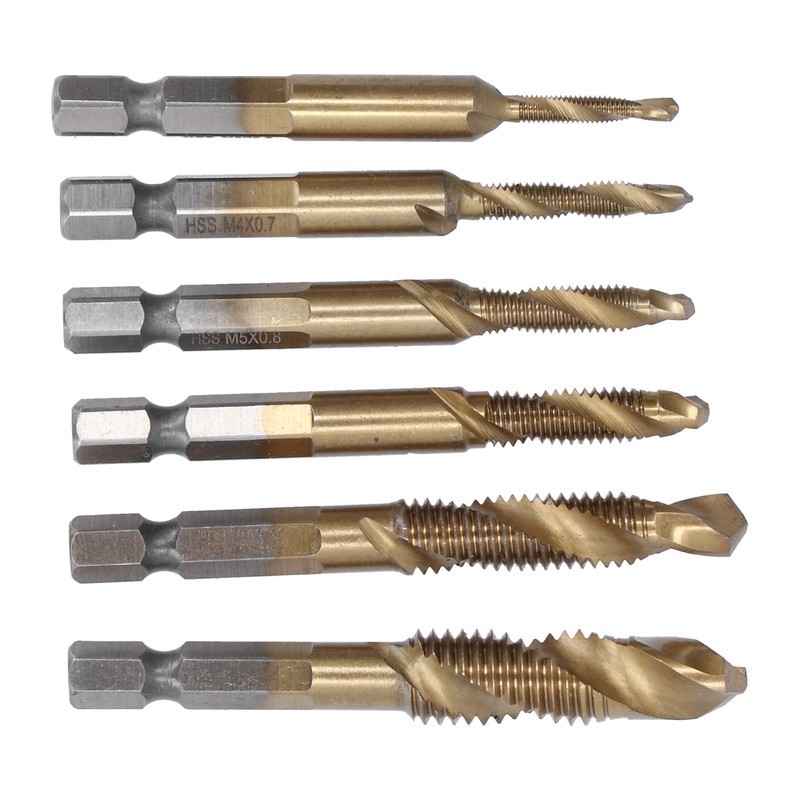 6Pcs Combination Drill Tap Bit 1/4in Hex Shank Spiral Tapping