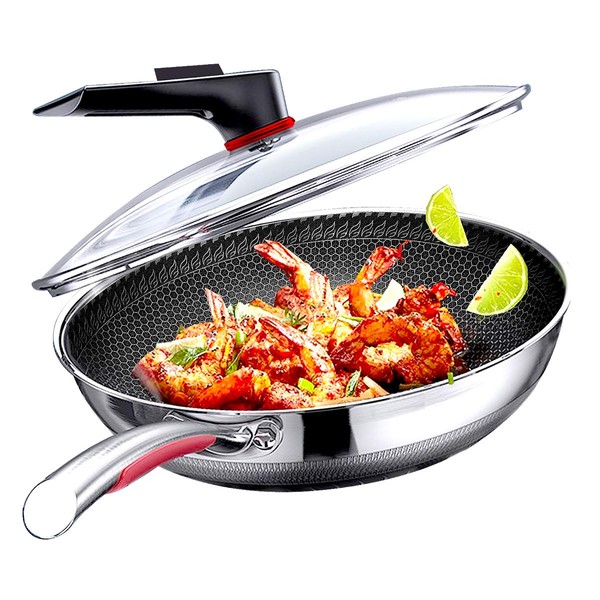MEGOO 12.6 inch stainless steel nonstick wok pan with lid,stir fry honeycomb wok,cooking wok skillet,for gas cooktops,Induction,electric stove,dishwasher safe(PFA,PFOA Free)