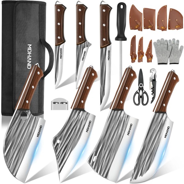 MDHAND 4PCS Professional Butcher Knife Set w/ Bag, Hand Forged