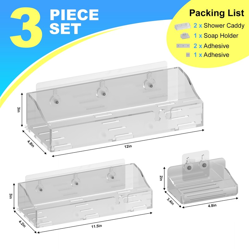 YAWSOUP Acrylic Shower Shelves 3 Pack, Clear Adhesive Shower Caddy