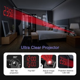 OQIMAX Projection Alarm Clock, Digital Projector Clock with 180° Projector, 5-Level Brightness Dimmer, Projection Clock with 3-Level Volume, 9mins Snooze, USB Charger, Adjustable Projection Clarity