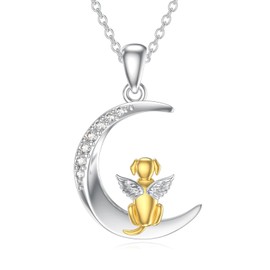LWXIE Diamond Moon and Angel Dog Pendant Necklace for Women 925 Sterling Silver Lab Grown Diamonds Jewelry Gifts for Dog Lovers, Sterling Silver, Diamond