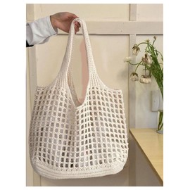 SHENHE Women's Solid Color Hollow Out Woven Shopping Crochet Handbag Top handle Bag Summer Beach Tote Purse Storage Mesh Bag, Beige, One Size