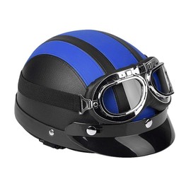 Vintage motorcycle helmet with glasses size, universal motorcycle scooter synthetic leather open face half helmet & visor UV glasses black(blue)