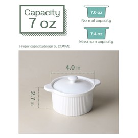 DOWAN Ramekins with Lids 7 oz Oven Safe, Porcelain White Ramekins with Handles for Creme Brulee, Souffle Dish, Soup, Ramekins set with Cover for Baking, Set of 4, White