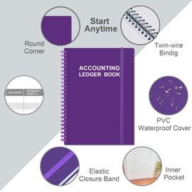 Accounting Ledger Book - A5 Ledger Book for Bookkeeping, Small Businesses & Personal Use, Expense Tracker Notebook for Tracking Money, Expenses, Deposits & Balance, 5.8" x 8.4", Purple