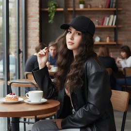 Black Baseball Cap with Long Wavy Brown Hair Extensions for Women, Adjustable Sun Hat with Attached Synthetic Curly Wave Wig, Natural Wig Hat for Daily Wear, Street Style, Travel
