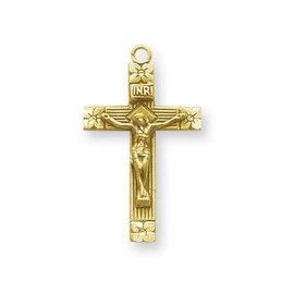 16Kt. Gold Plated Solid Sterling Silver Flower Crucifix Cross Pendant Necklace