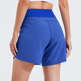 Willit - Pantalones Cortos de natación para Mujer, 7 Pulgadas, UPF 50+, Pantalones Cortos de natación de Cintura Alta con Bolsillos Forro, Color Azul Real, Talla 12