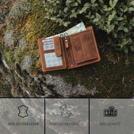 Baur Men's Wallet Genuine Buffalo Leather Wallet with RFID Protection Wallet Portrait Format Wallet with Coin Compartment Wallet with Many Card Slots, brown, Portrait format with press stud inside