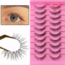 10 Pairs of 3D False Eyelashes, Artificial Eyelashes, Natural Look, Handmade, Transparent Handle, Lightweight, Short Eyelashes Set, Real Hair Eyelashes for Daily Make-Up, Work, Dating, Party (P-A05)