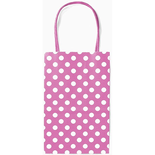 12CT Small HOT Pink Polka DOT Biodegradable, Food Safe Ink & Paper, Premium Quality Paper (Sturdy & Thicker), Kraft Bag with Colored Sturdy Handle (Small, P.Hot Pink)