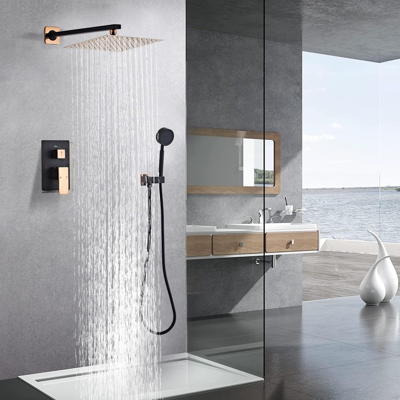 Black Gold Rainfall Shower Head, Wall Mounted 10 Inch Shower