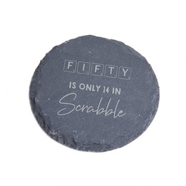 "Fifty Is Only 14 In Scrabble" Engraved Slate Coaster - Funny 50th Birthday Gift For Men or Women