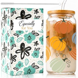 Fall Cups, 16oz Autumn Pumpkin Iced Coffee Glass Cup with Lid & Straw