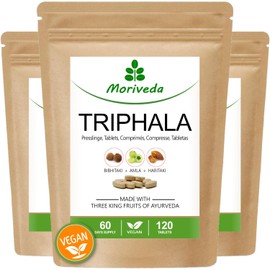 MoriVeda Triphala Pellets High Dose, 1000 mg Vegan, from Ayurveda Royal Fruits Amla, Haritaki and Bibhitaki, 3 x 120 Pellets