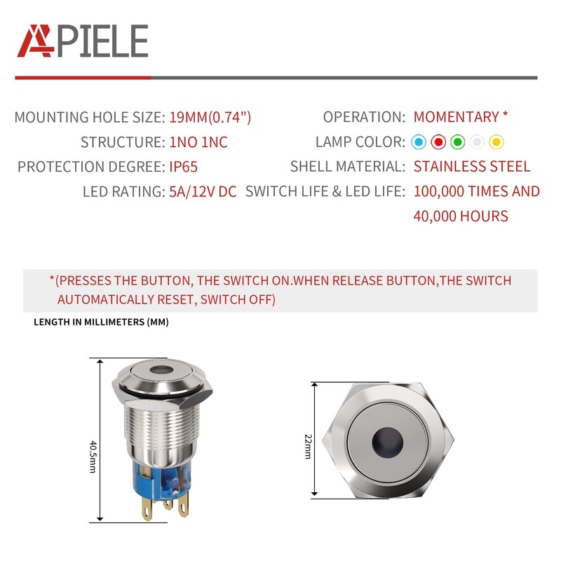 APIELE Push Button Switch 19mm Spot Light Momentary Stainless Steel