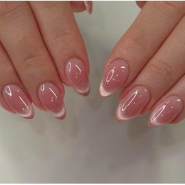 SXVME Uñas postizas Cat Eye en almendra, uñas cortas de aguja con degradado rosa ruborizado para San Valentín, uñas postizas francesas con purpurina n