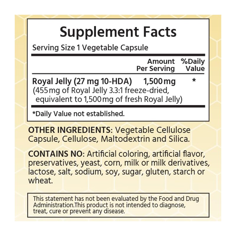 ML Naturals Royal Jelly 1500mg 60 Vegetable Capsules, Equivalent with
