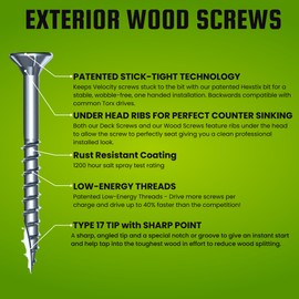 Velocity Long Length Exterior 7 Inch Wood Screws - T25 Torx Bits (Size #12) – Rust Resistant Long Wood Screw Set with Stick Tight Hexstix Driver Bit, (25 Count)