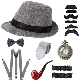 WOTOW 1920s Men’s Costumes, Roaring 20s Gatsby Gangster Costumes Accessories for Men with Gangster Hat Bow Tie Black Tie Suspender Mustaches Sleeve Clips Pocket Watch,Grey