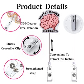 Mental Health Matters Brain Badge Reel Retractable Accessories for Work Psych Neuro Nursing Student Funny Badge Holder with Alligator Clip Medical Assistant CNA RN Badge Clip for ID Card