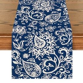 Artoid Mode Blue Floral Paisley Table Runner, Seasonal Spring Kitchen Dining Table Decoration for Home Party Decor 13x90 Inch