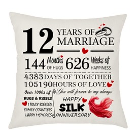 12th Wedding Anniversary Silk Anniversary Cushion Cover - Gift for Wife or Husband - 12 Years of Marriage Keepsake Present - Elegant 45x45cm Pillow Case (12 Years of Marriage)