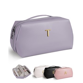 VFMBL Initial Makeup Bag for Bridesmaid, Large Capacity Letter Pouch with Zipper, Open Flat Travel Makeup Organizer Bag for Women Female, Gifts for Bridesmaid Flower Girl, Thank You Gift