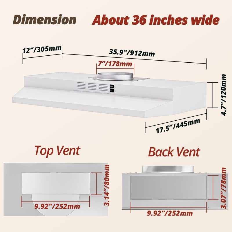 FIREGAS Range Hood 36 inch Under Cabinet, Ducted/Ductless Convertible Kitchen