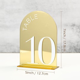 Tarjetas de colocación de arco de espejo dorado para recepción de boda, paquete de 15 tarjetas de acrílico dorado de 5 x 7 pulgadas con números blancos, números de mesa de acrílico arqueado 3D 1-15