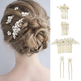 SZSL Pearl Hair Ornaments, Set of 5, U-pin Hair Pins for Weddings, Parties, Children, Graduations, Entrance Ceremonies, Brides, etc. (Gold)